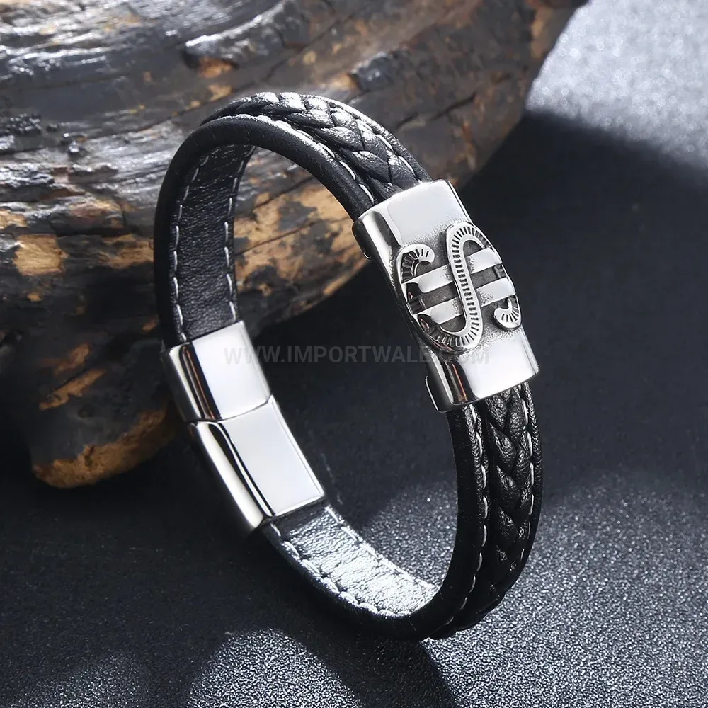 Braided Genuine Leather Wristband with Stainless Steel Clasp
