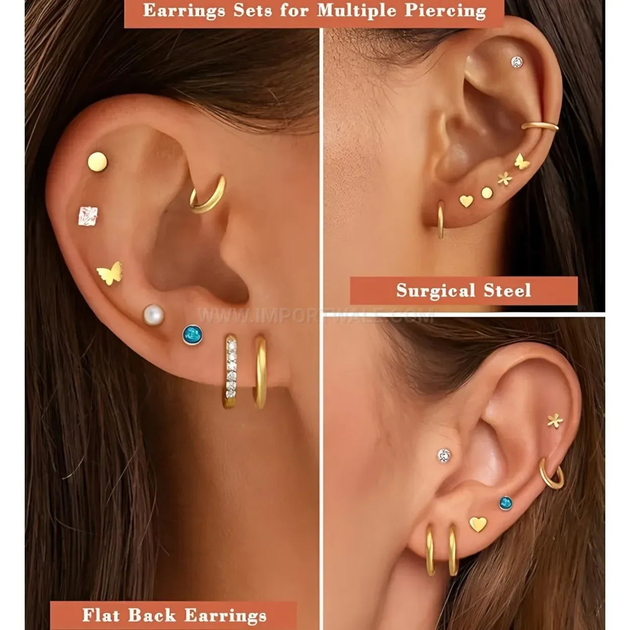 Fashion Stainless Steel Flat Back Geometric Ear Cartilage Piercing Stud Set