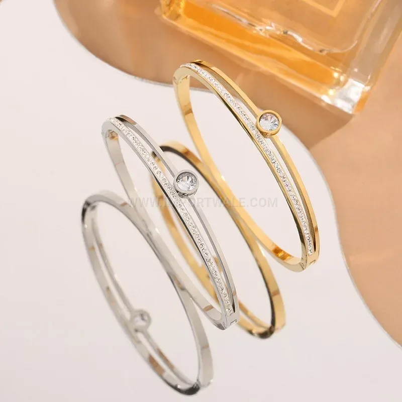 Bold Sparkling Crystal Open Cuff Titanium Steel Bangle