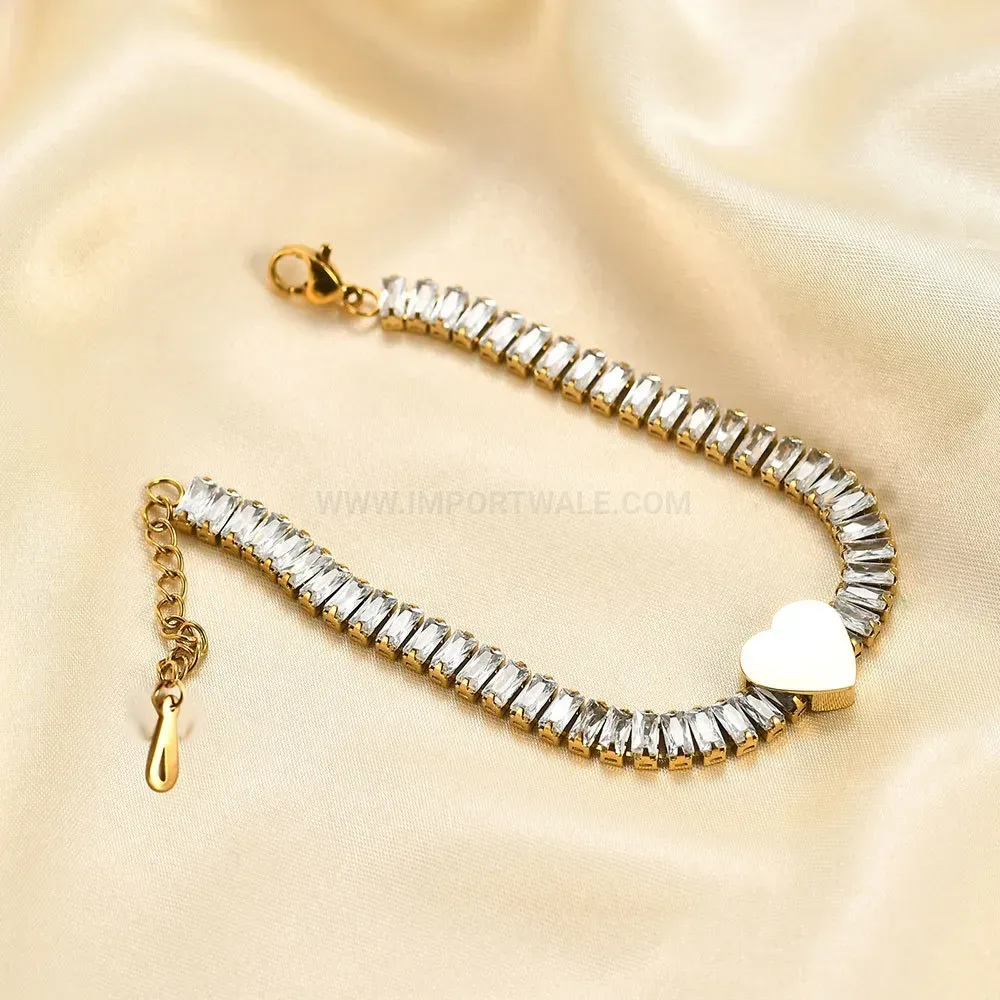 Polished Stainless Steel Heart Bracelet with Cubic Zirconia