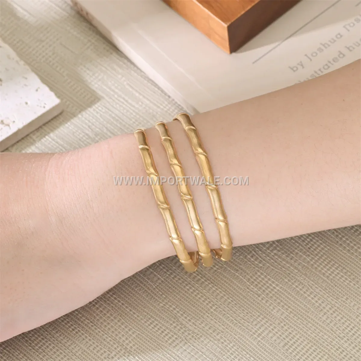 Triple Layer Bamboo Motif Stainless Steel Open Cuff Bracelet
