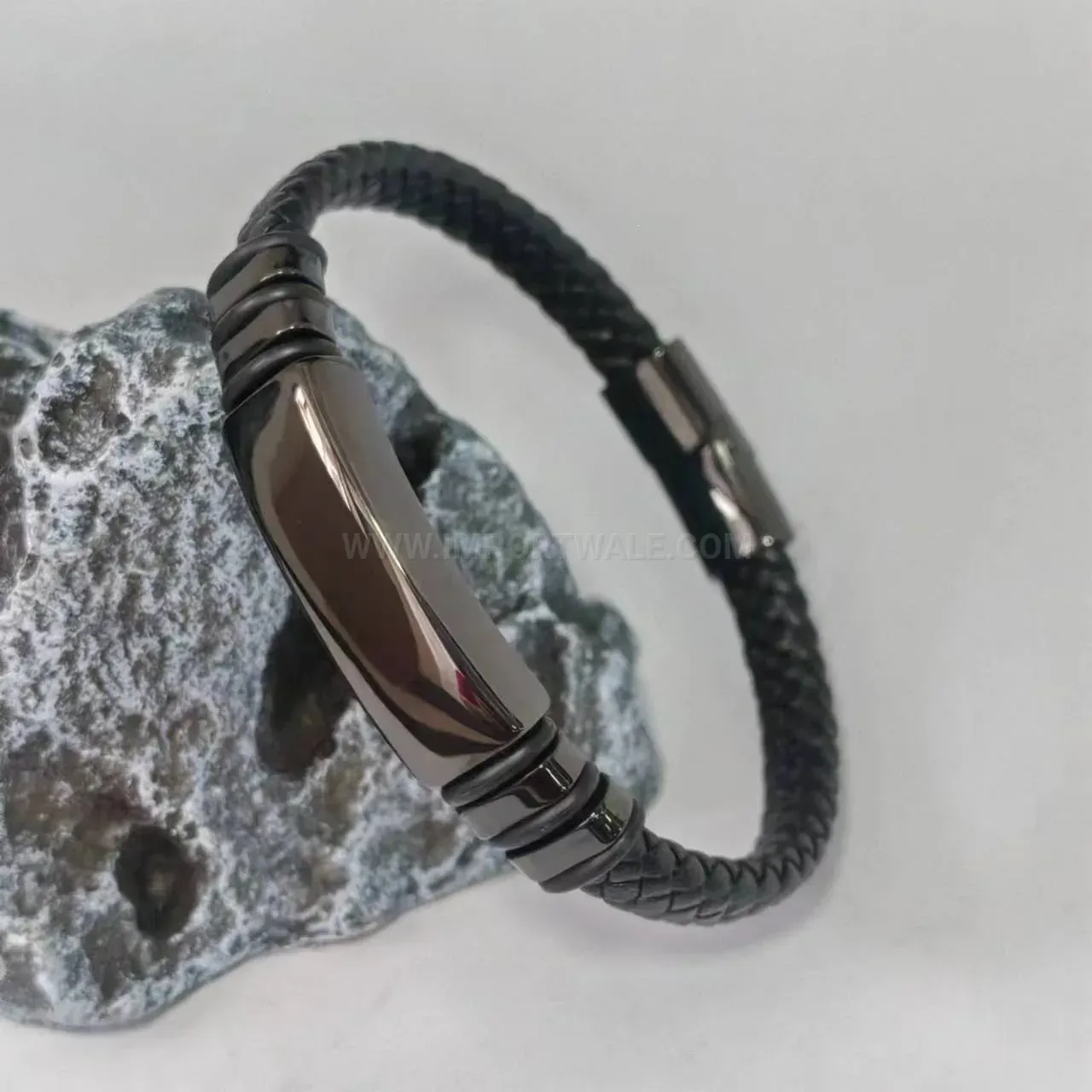 Minimalist Braided Leather Men Bracelet with Polished Stainless Steel Accents