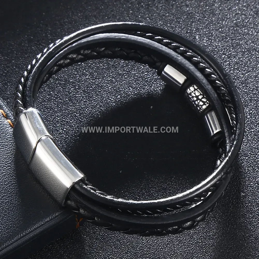Woven Black Leather Men Bracelet with Stainless Steel Beads