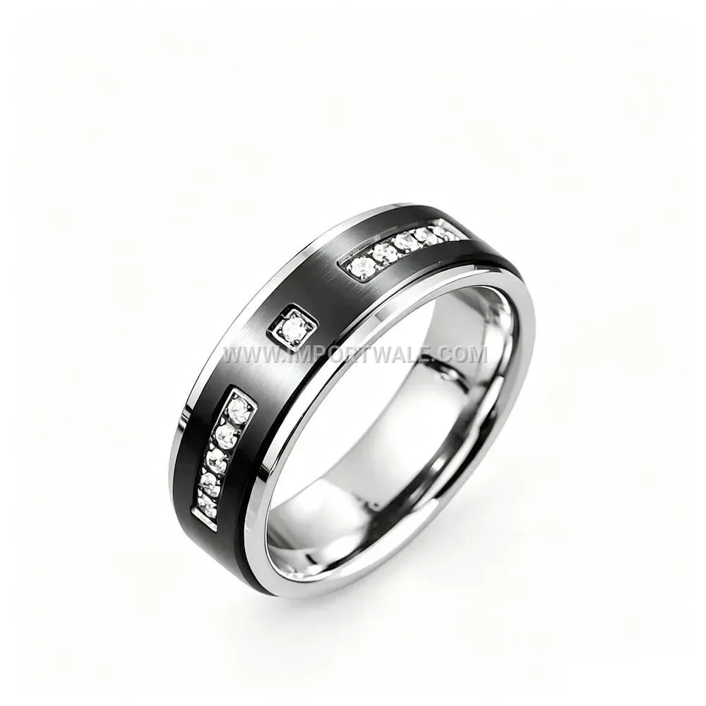 Zircon Accented Stainless Steel Engagement Band Ring