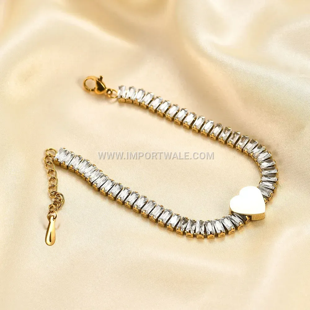 Cubic Zirconia Heart Stainless Steel Bangle Bracelet