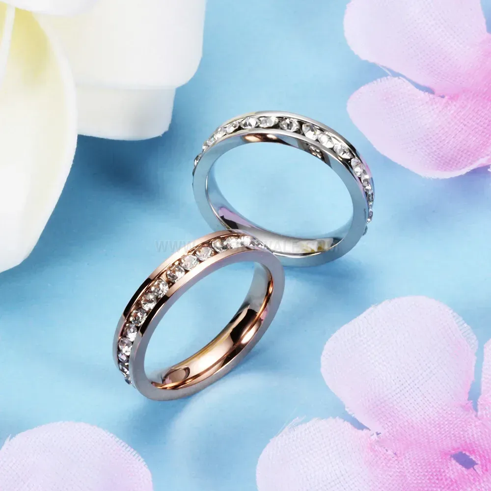 Single Row Rhinestone Stainless Steel Band Ring