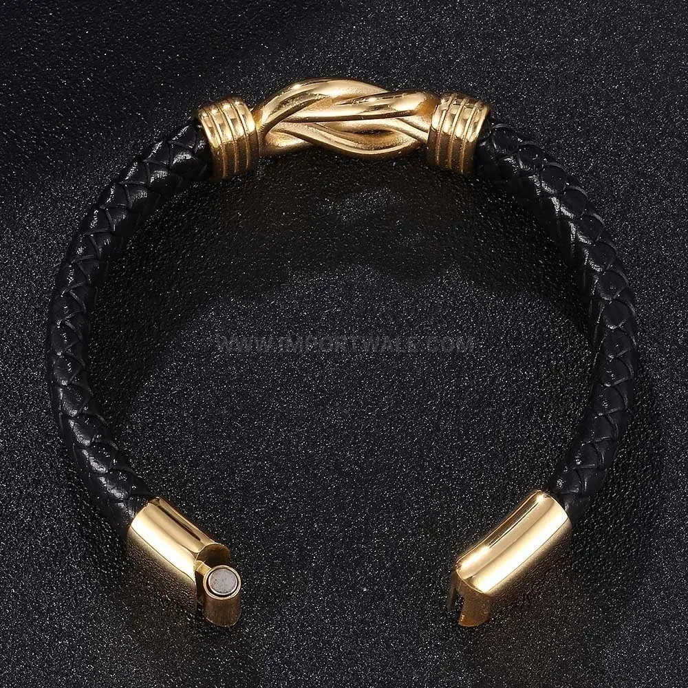 Double-Ring Interlocking Leather Bracelet with Gold-Plated Magnetic Clasp