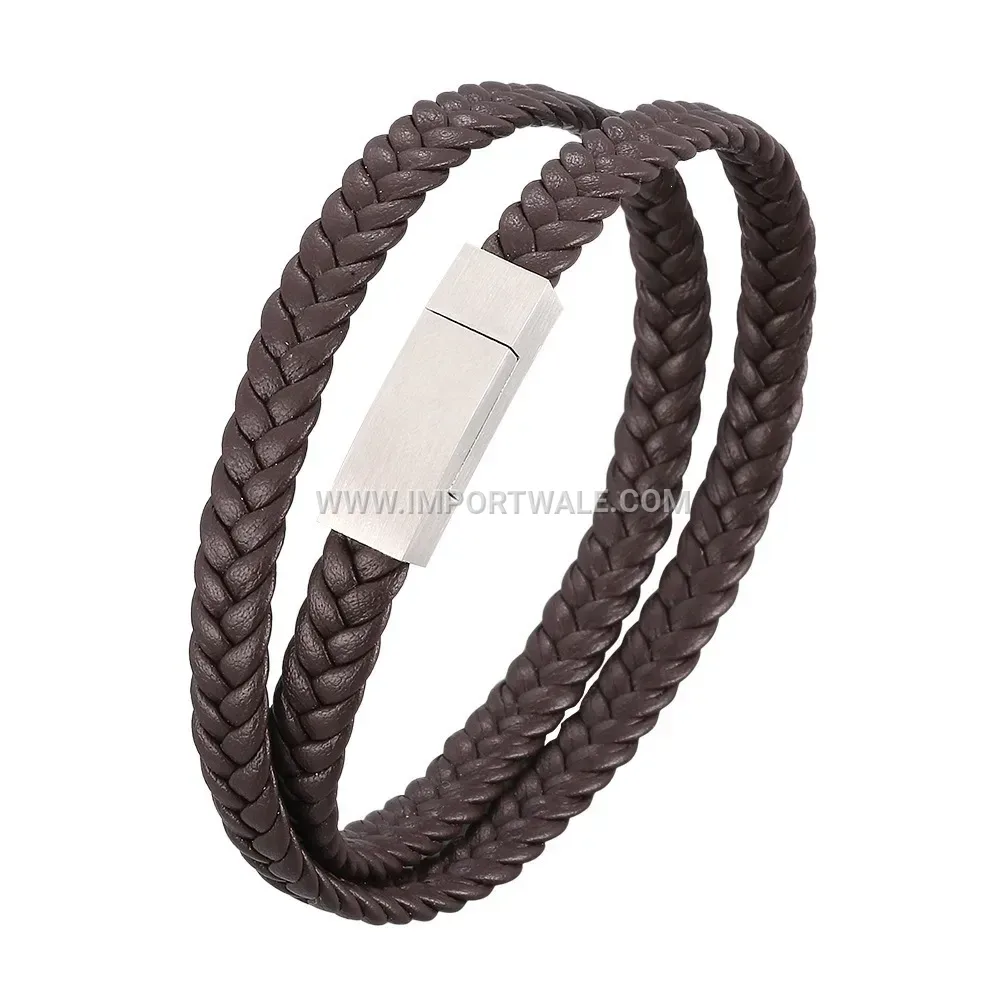 Braided Double-Layer Leather Bracelet with Magnetic Stainless Steel Clasp