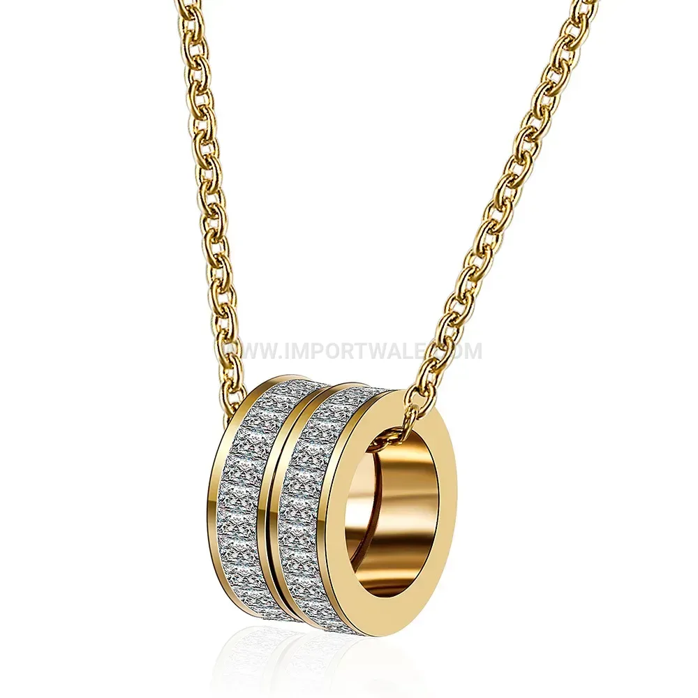 Double Ring Crystal Stainless Steel Pendant Necklace