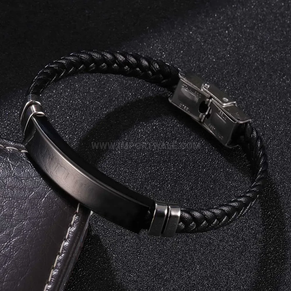 Black Leather Woven Stainless Steel Clasp Band Bracelet