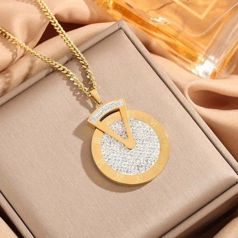Stylish Spinning Roman Numeral Rhinestone Pendant Titanium Steel Necklace