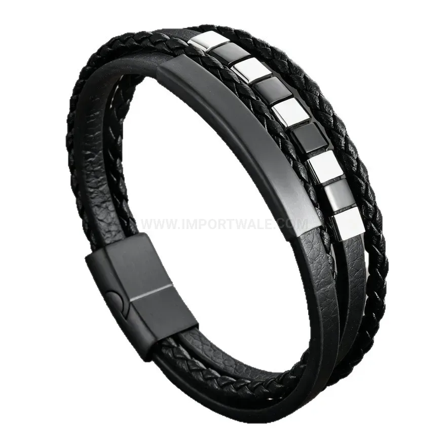 Modern Double Layer Black Braided Leather Bracelet with Black Clasp