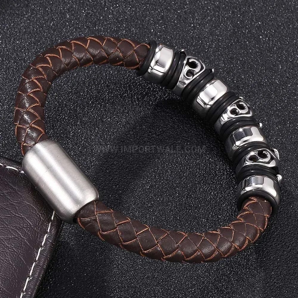 Modern Vintage Brown Leather Bracelet with Stainless Steel Cross Magnetic Clasp