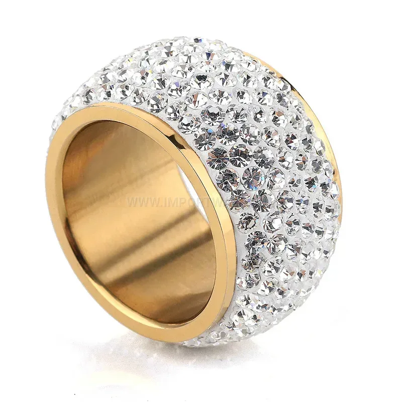 Seven Row Crystal Pave Stainless Steel Wide Ring