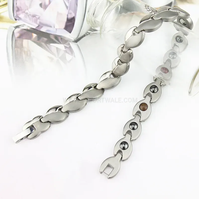 Classic Unisex Silver Titanium Steel Bio Magnetic Bracelet with Hematite Inlays
