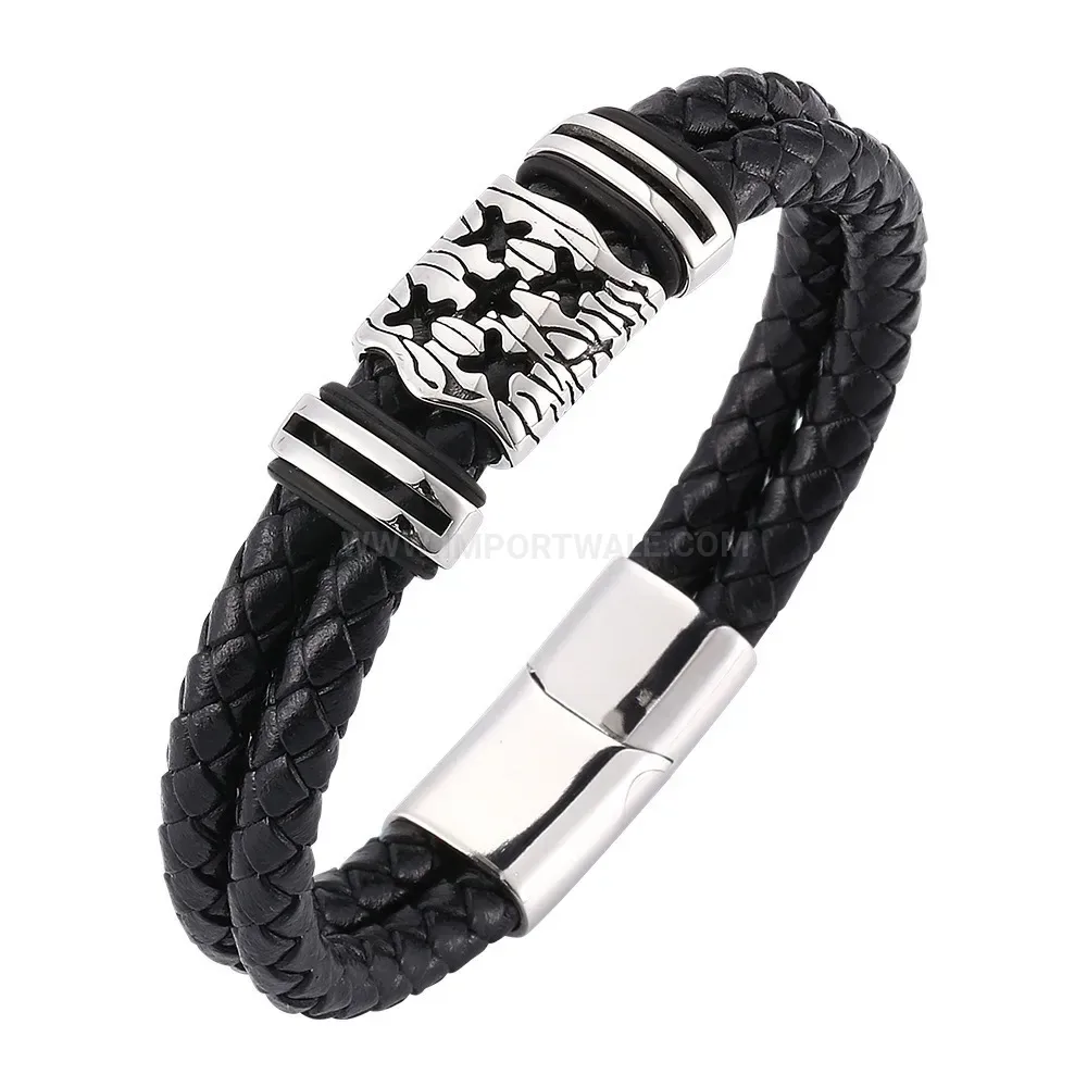 Woven Leather Star Charm Stainless Steel Magnetic Bracelet