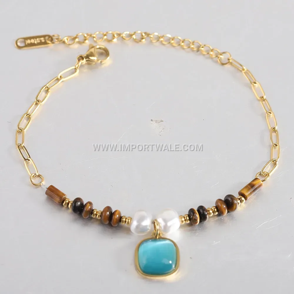 Square Sapphire Stainless Steel Beaded Charm Bracelet
