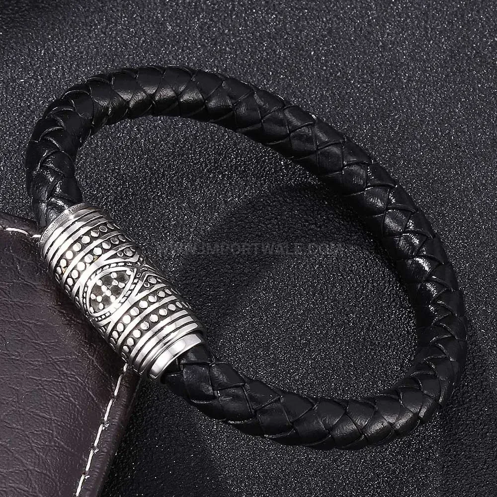 Geometric Stainless Steel Magnetic Leather Rope Bracelet