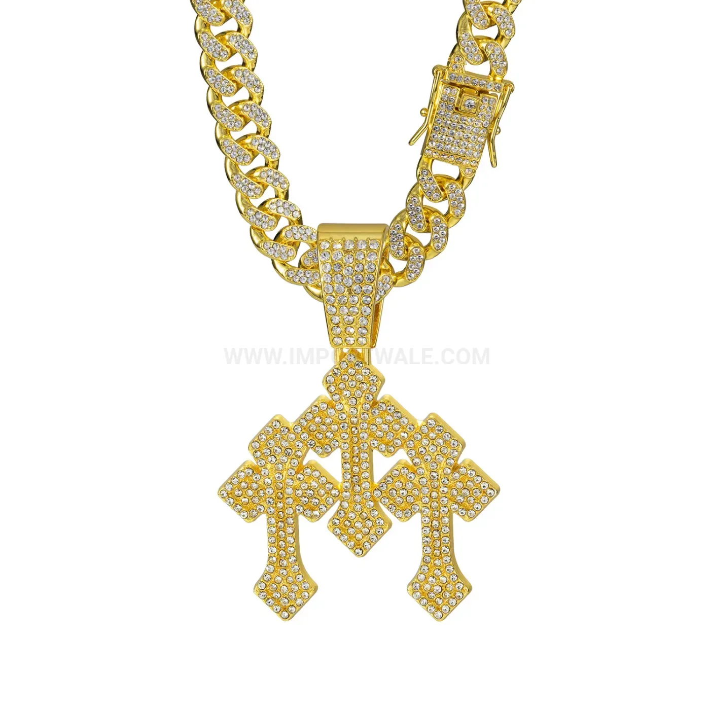Iced Out Alloy Three Arrow Cross Hip Hop Pendant Necklace
