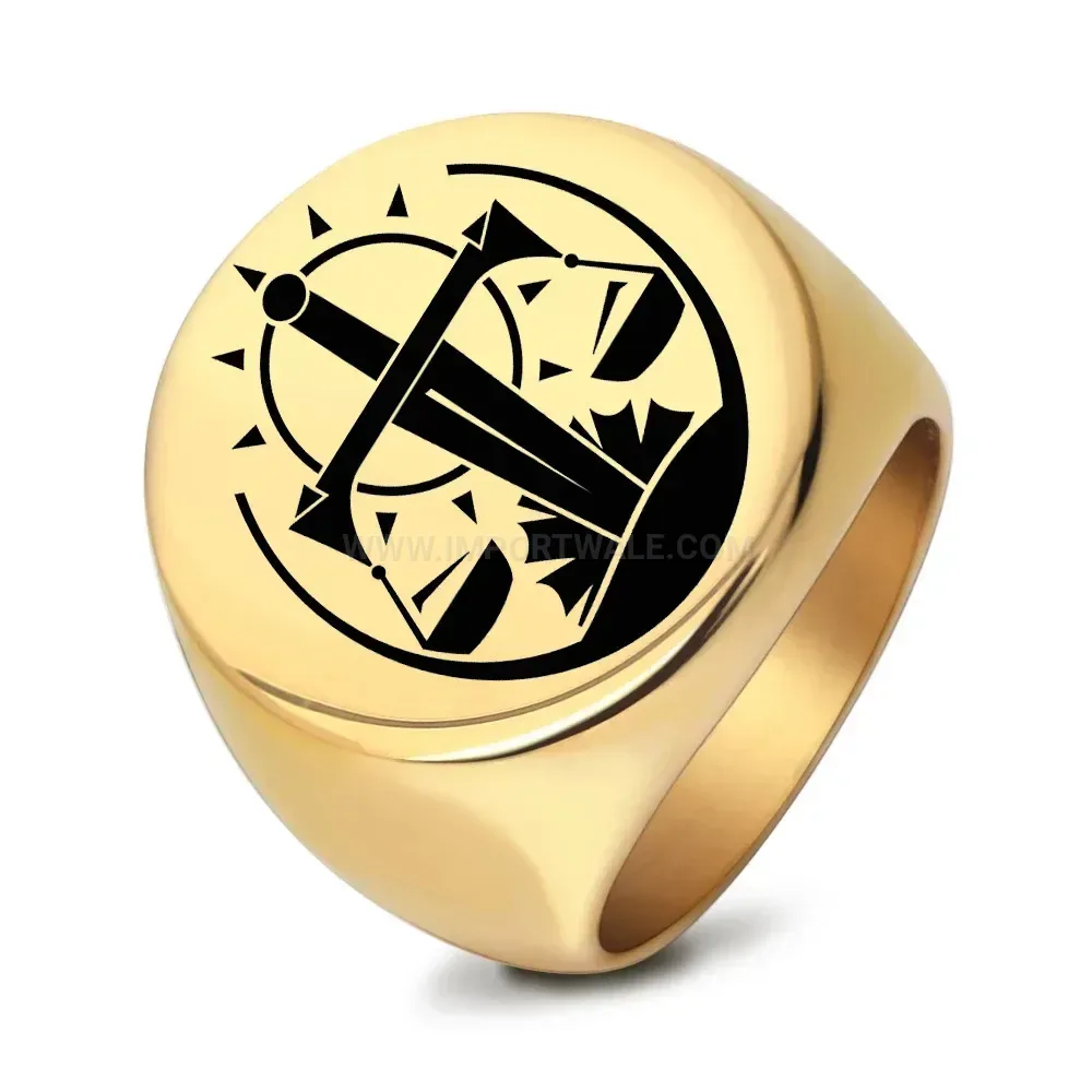 Bold Engraved Stainless Steel Sun and Scales Signet Ring