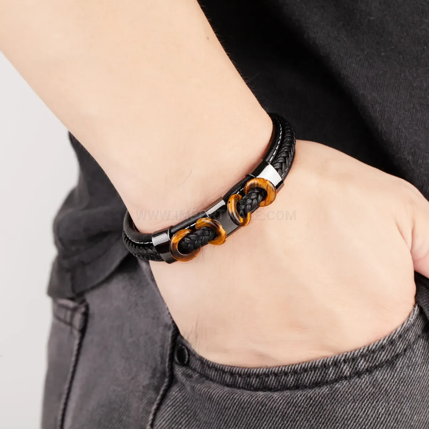 Braided Leather Stone Bead Bracelet With Stainless Steel Magnetic Clasp