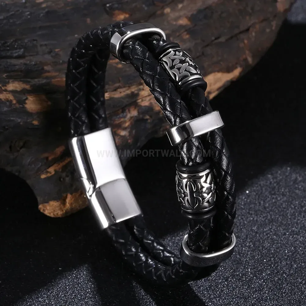 Men's Viking Style Braided Leather Bead Bracelet in Stainless Steel