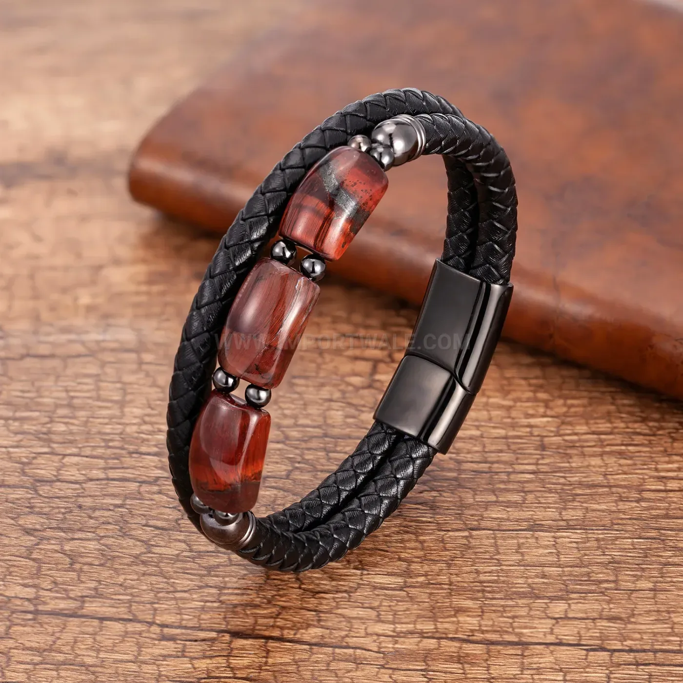 Braided Leather Bamboo Stone Bracelet with Stainless Steel Magnetic Clasp