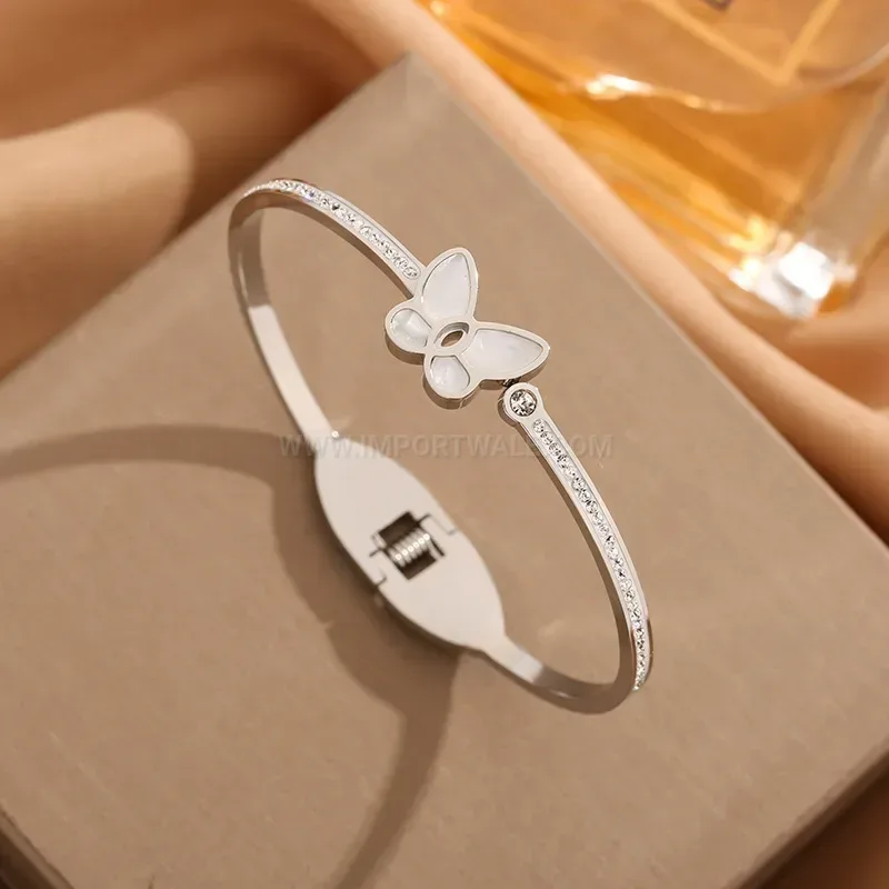 Rhinestone Butterfly Faux Shell Titanium Open Bangle