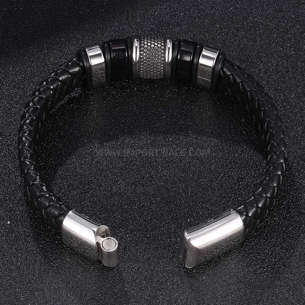 Woven Black Leather Wristband with Electroplated Stainless Steel Detail