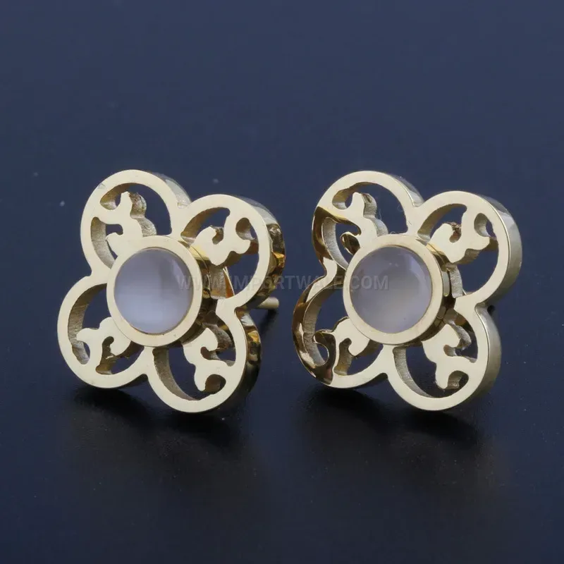 Elegant Gold Plated Stainless Steel Cat Eye Opal Floral Earrings