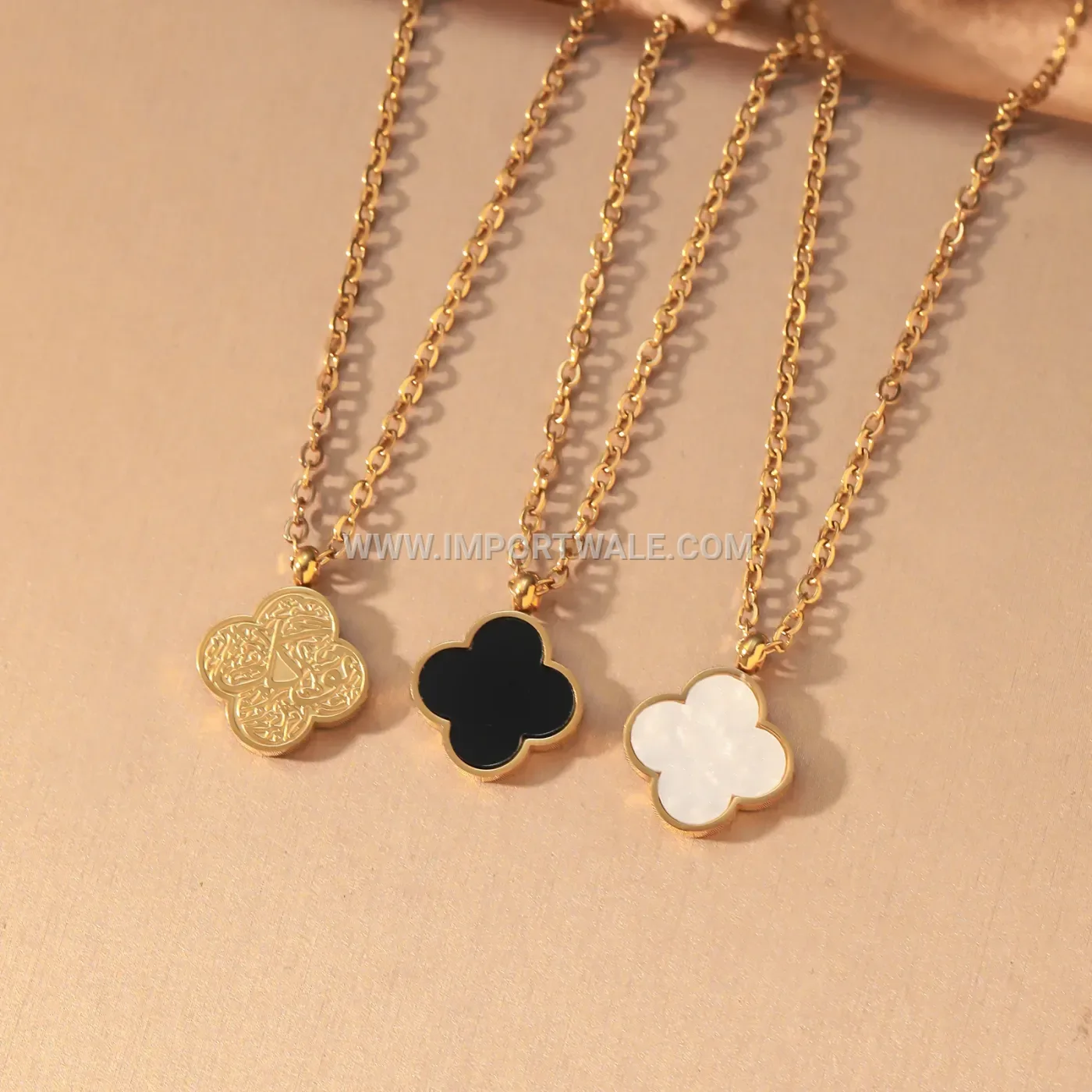 Gold Plated Stainless Steel Double Sided Clover Pendant Necklace
