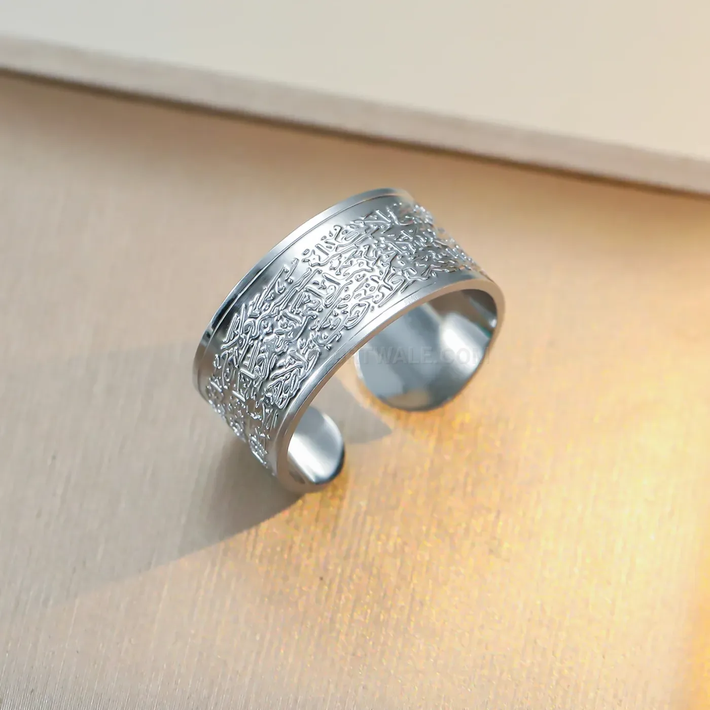 Stainless Steel Ayatul Kursi Arabic Calligraphy Adjustable Religious Open Ring