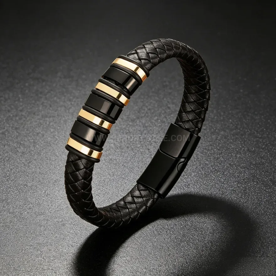 Elegant Braided Faux Leather Wristband Bracelet with Alloy Magnetic Closure