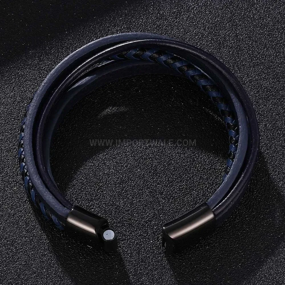 Multi-Strand Woven Leather Wristband with Stainless Steel Clasp
