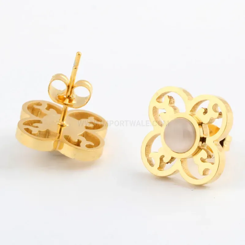 Elegant Gold Plated Stainless Steel Cat Eye Opal Floral Earrings