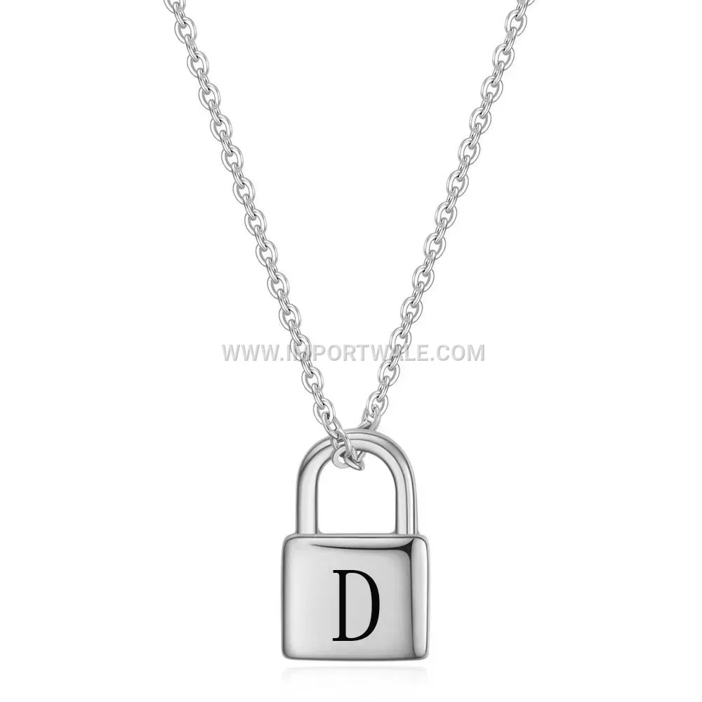 Engraved Initial Padlock Stainless Steel Pendant Necklace
