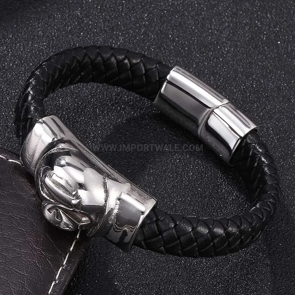 Premium Woven Leather Bracelet with Stainless Steel Magnetic Clasp