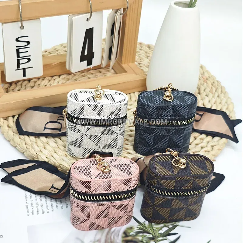 Geometric PU Leather Earphone Case Keychain Pendant