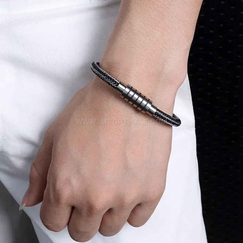Trendy Handmade Braided Leather and Stainless Steel Wire Band Bracelet