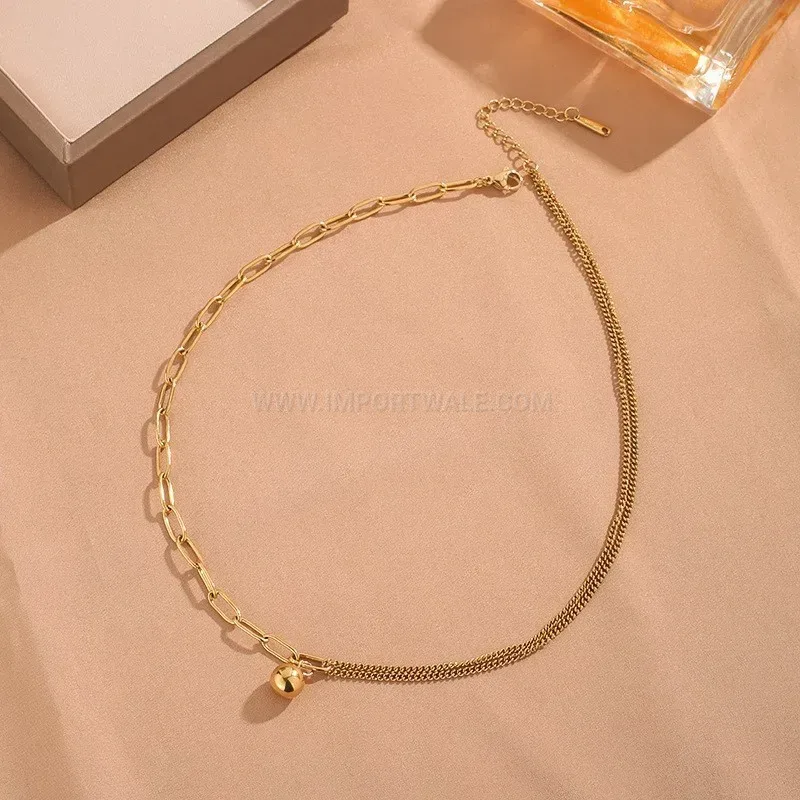 Bold Gold Plated Stainless Steel Small Golden Ball Pendant Necklace