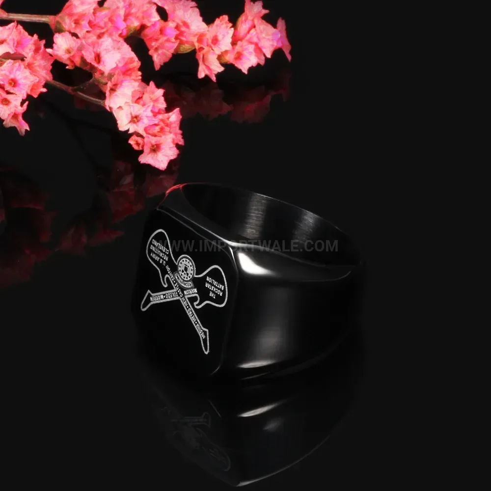 Trendy Black Laser Engraved Double Guitar Rock Stainless Steel Ring