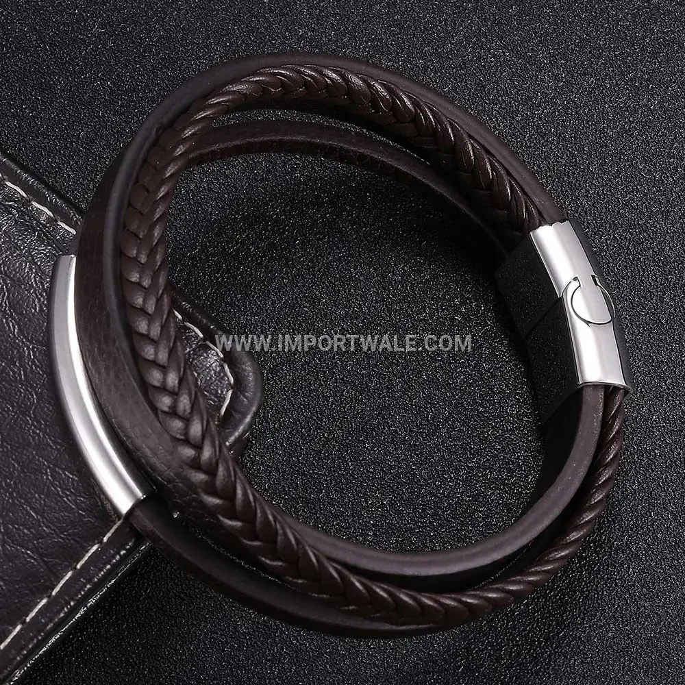 Multi Layer Brown Leather Wrap Bracelet with Stainless Steel Magnetic Clasp