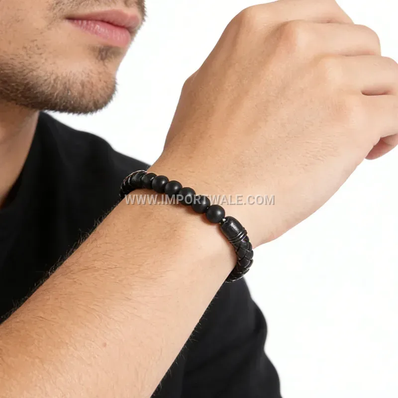 Braided Leather and Stainless Steel Magnetic Clasp Bracelet