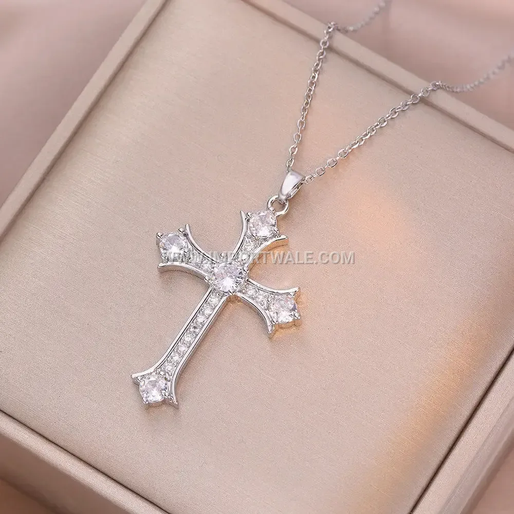Zircon Studded Stainless Steel Cross Pendant Link Chain Necklace