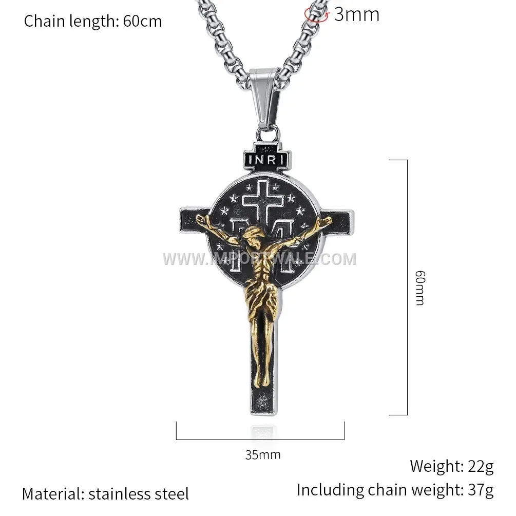 Vintage Portrait Cross Stainless Steel Pendant Necklace for Men