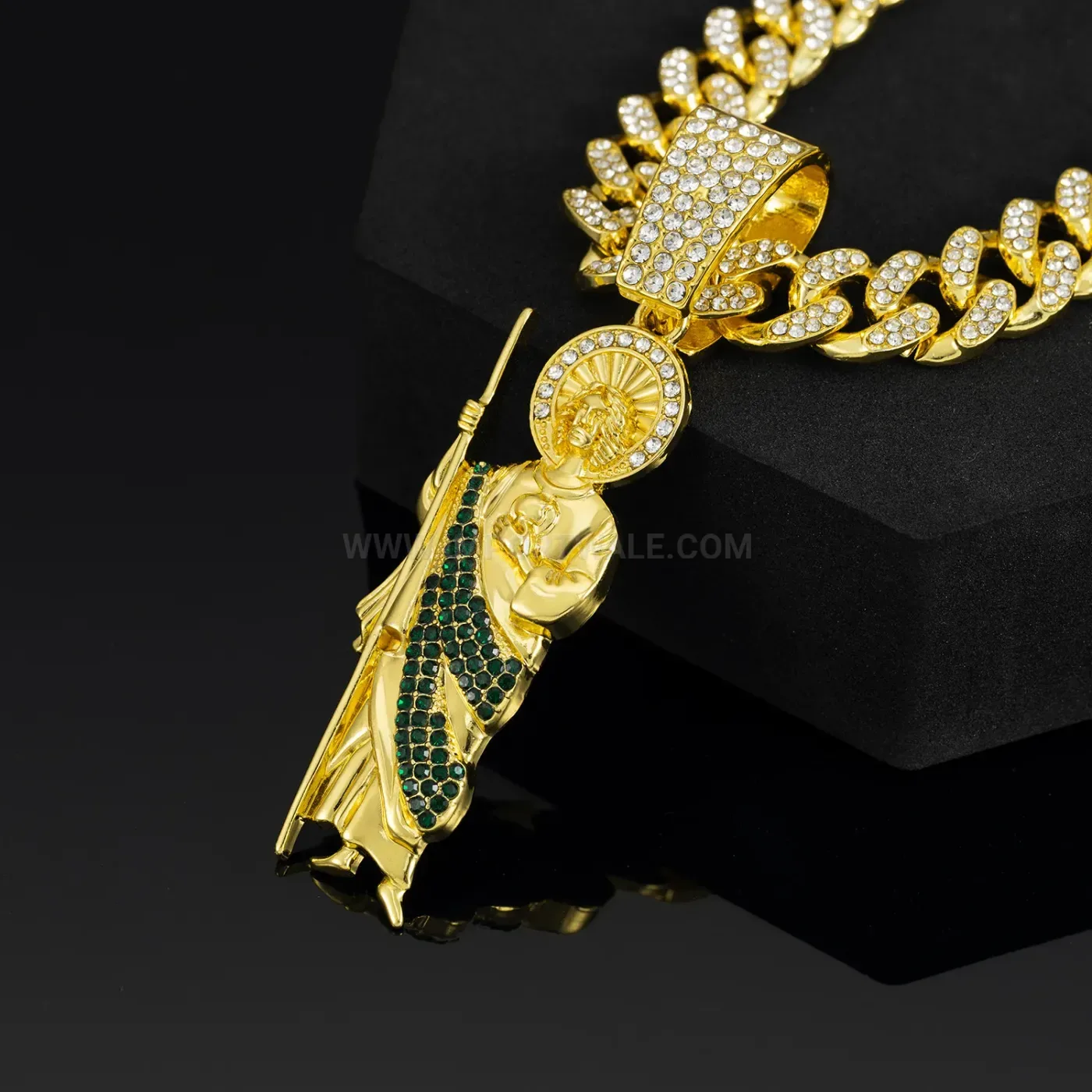 Classic Religious Figure Pendant Rhinestone Cuban Chain Hip Hop Necklace