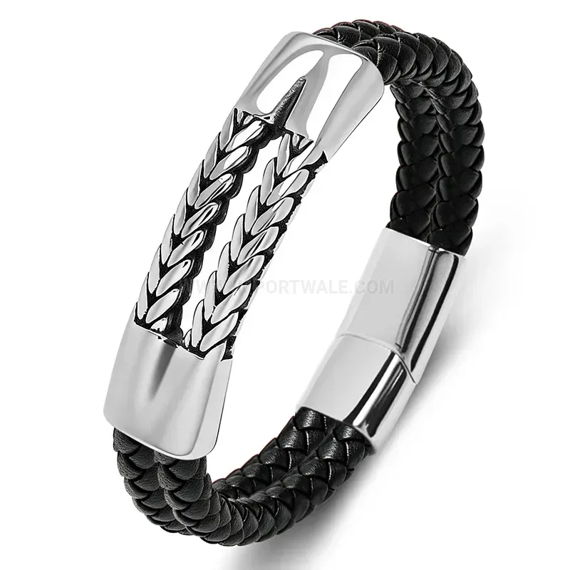 Designer Engraved Wheat Pattern Stainless Steel Dual Tone Leather Men's Bracelet