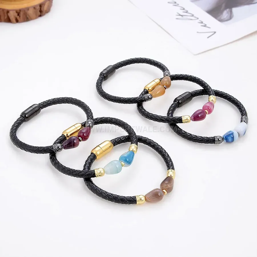 Retro Leather Stone Bracelet with Stainless Steel Magnetic Clasp