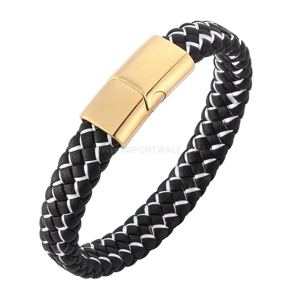 Two-Tone Woven Leather Bracelet with Gold-Tone Magnetic Clasp