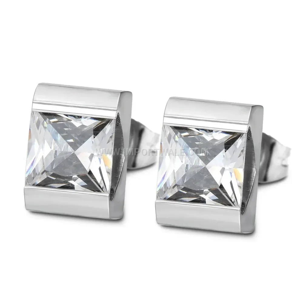 Square Zirconia Inlaid Stainless Steel Stud Earrings